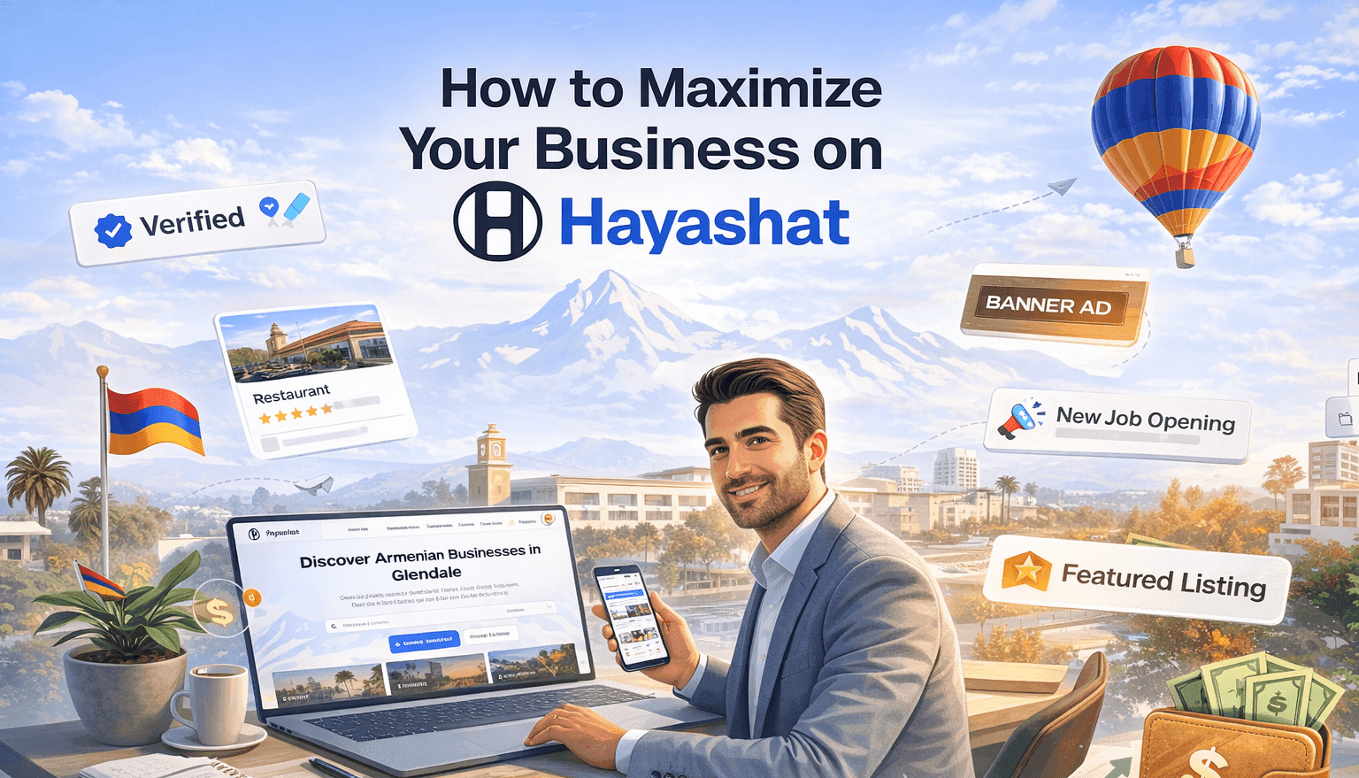 Armenian business owner managing online business listing and growth on Hayashat platform