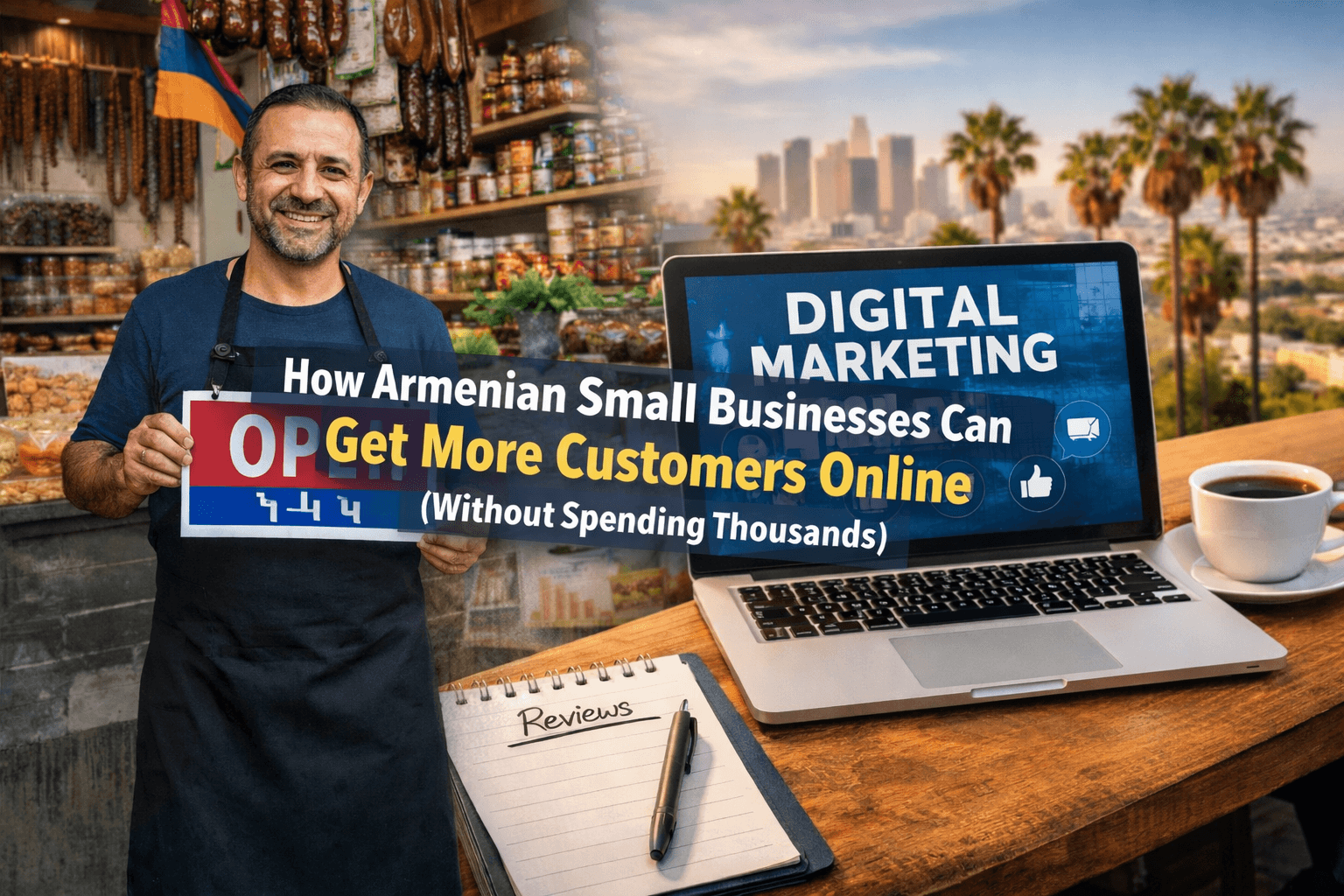 Armenian small business owner using digital marketing tools and online reviews to attract more customers